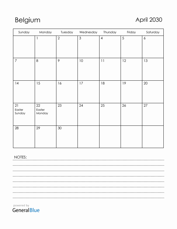 April 2030 Belgium Calendar with Holidays (Sunday Start)