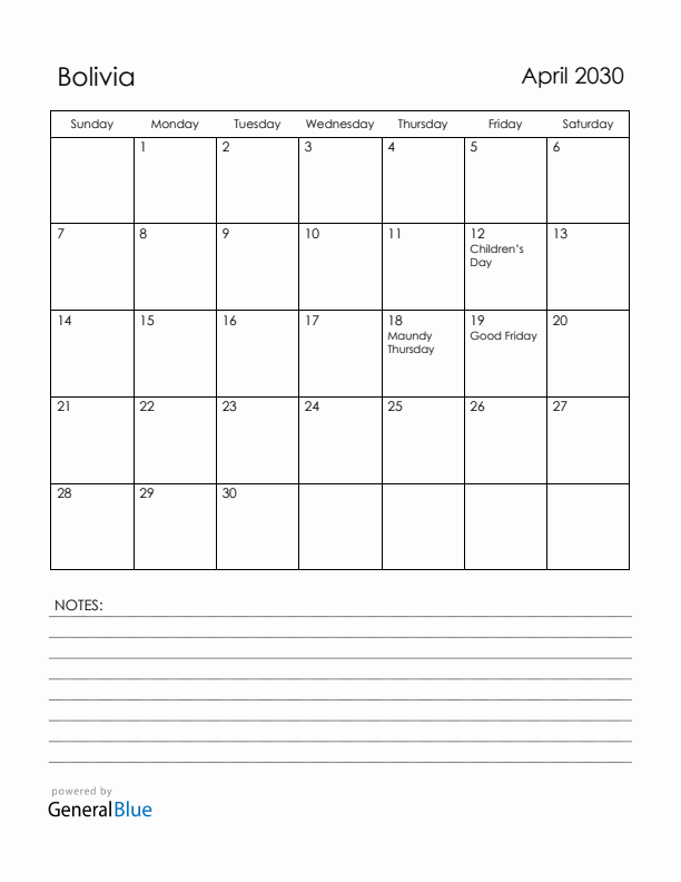 April 2030 Bolivia Calendar with Holidays (Sunday Start)
