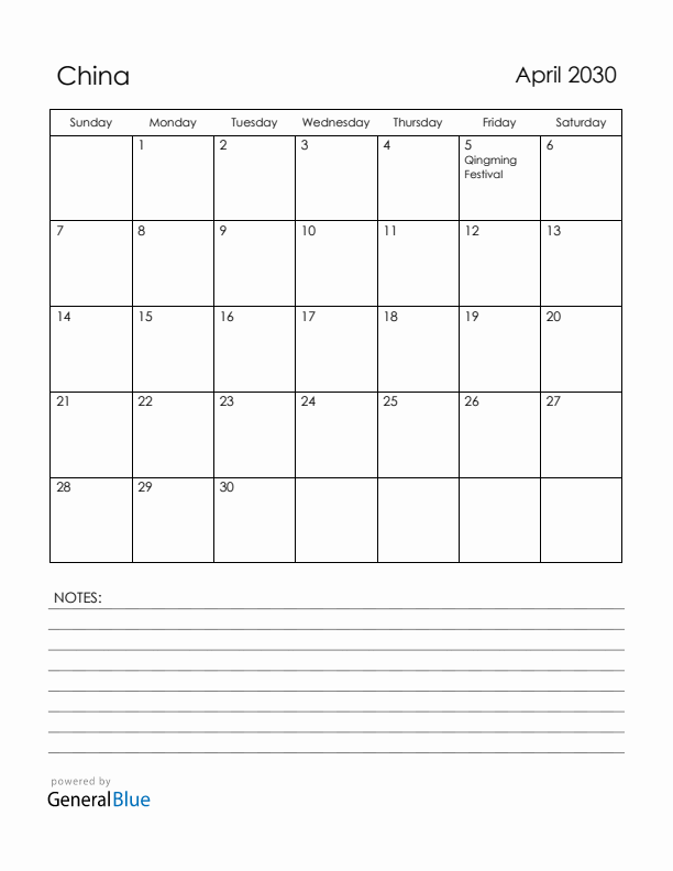 April 2030 China Calendar with Holidays (Sunday Start)