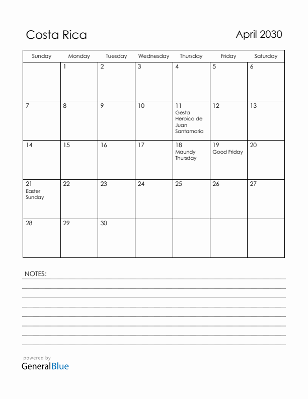 April 2030 Costa Rica Calendar with Holidays (Sunday Start)