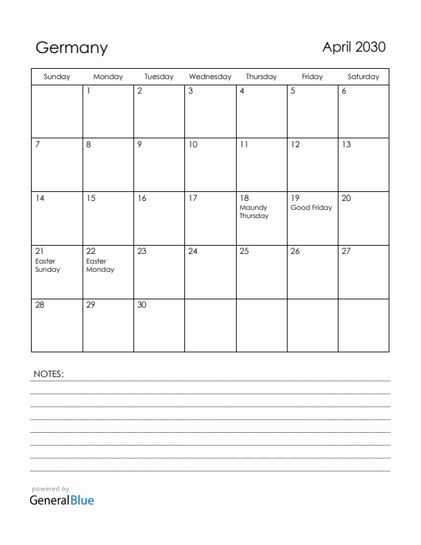 April 2030 Germany Calendar with Holidays (Sunday Start)
