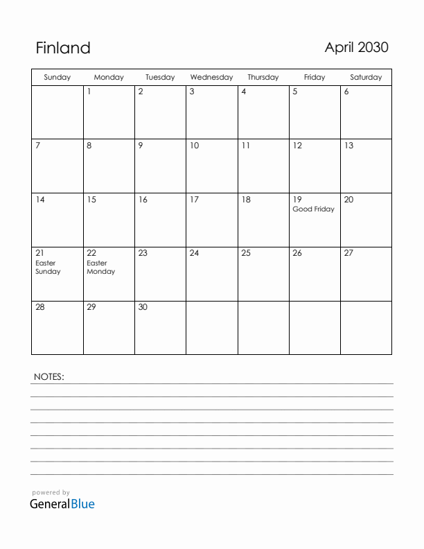 April 2030 Finland Calendar with Holidays (Sunday Start)