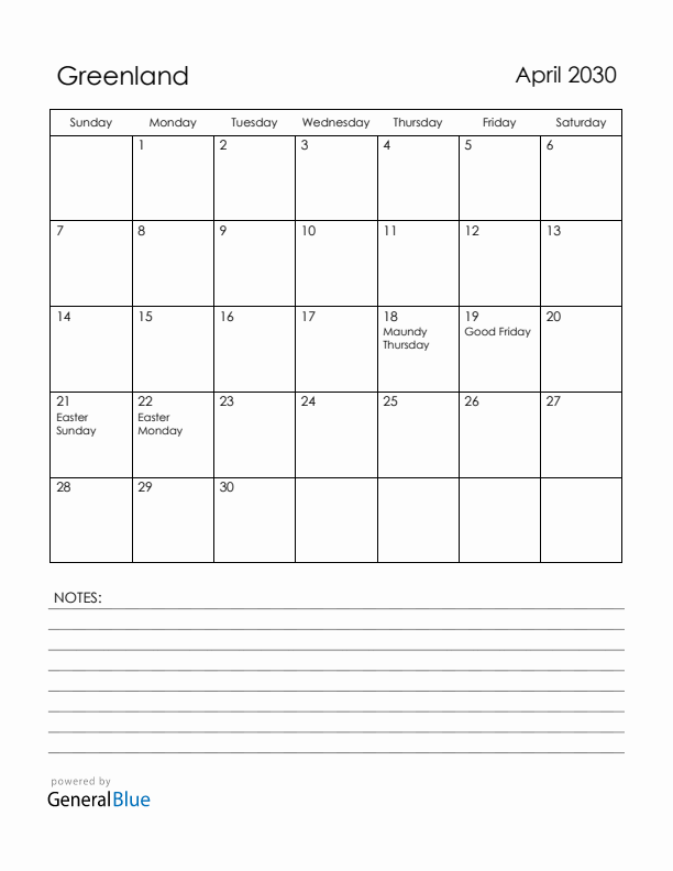 April 2030 Greenland Calendar with Holidays (Sunday Start)