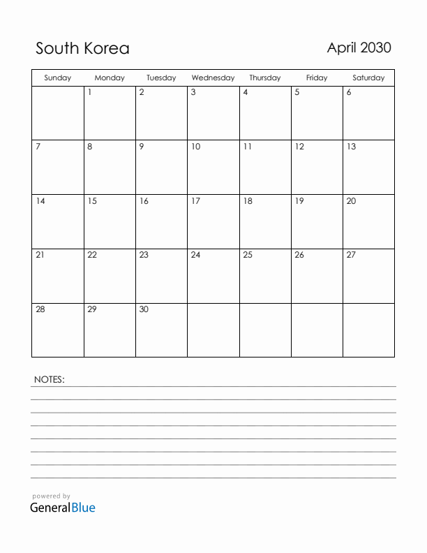 April 2030 South Korea Calendar with Holidays (Sunday Start)