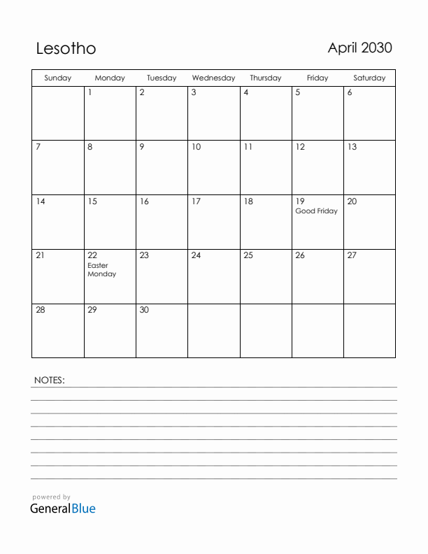 April 2030 Lesotho Calendar with Holidays (Sunday Start)