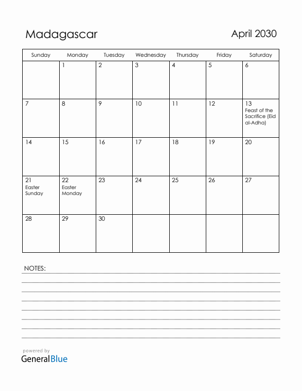 April 2030 Madagascar Calendar with Holidays (Sunday Start)