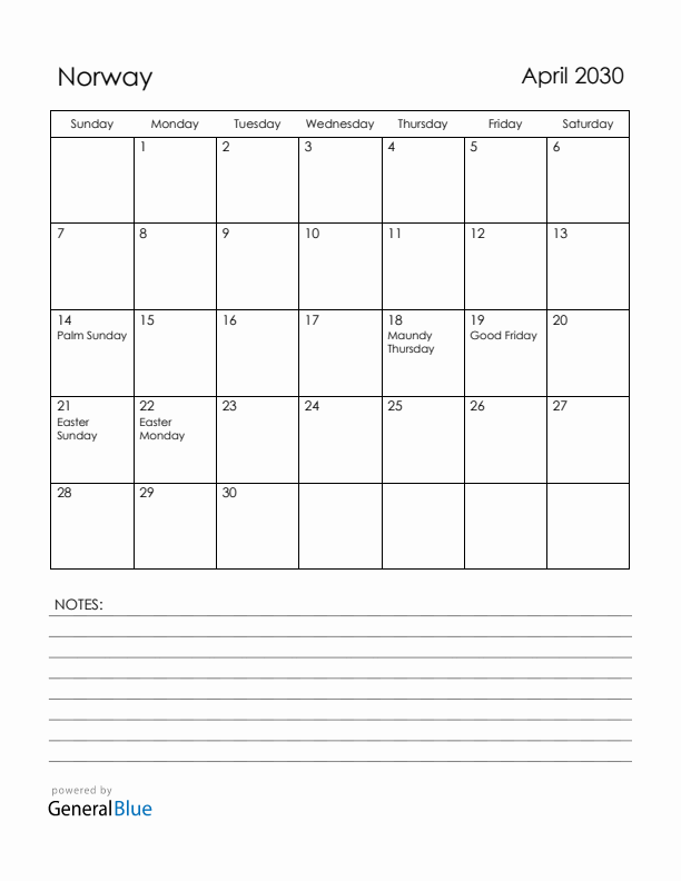 April 2030 Norway Calendar with Holidays (Sunday Start)