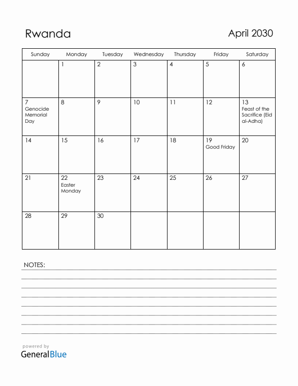 April 2030 Rwanda Calendar with Holidays (Sunday Start)