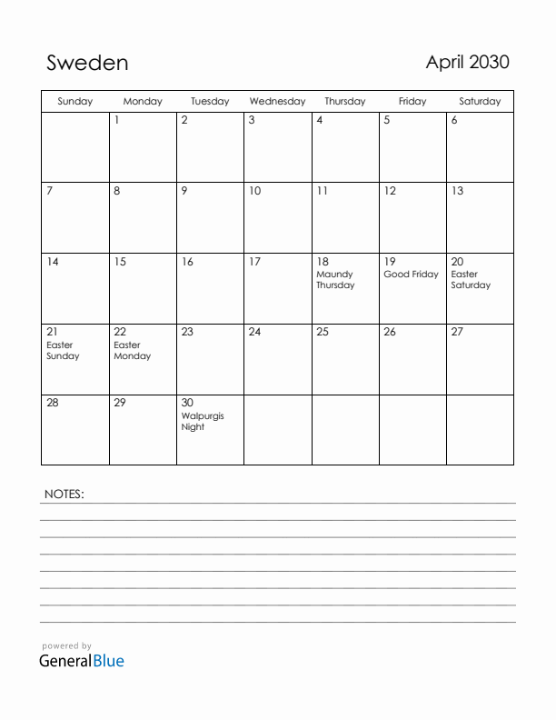 April 2030 Sweden Calendar with Holidays (Sunday Start)