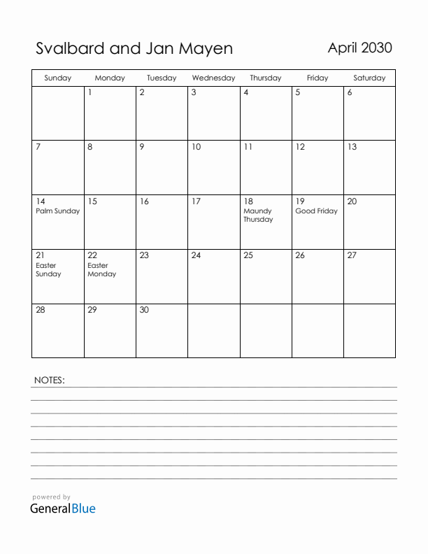 April 2030 Svalbard and Jan Mayen Calendar with Holidays (Sunday Start)