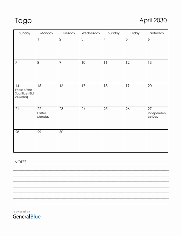 April 2030 Togo Calendar with Holidays (Sunday Start)