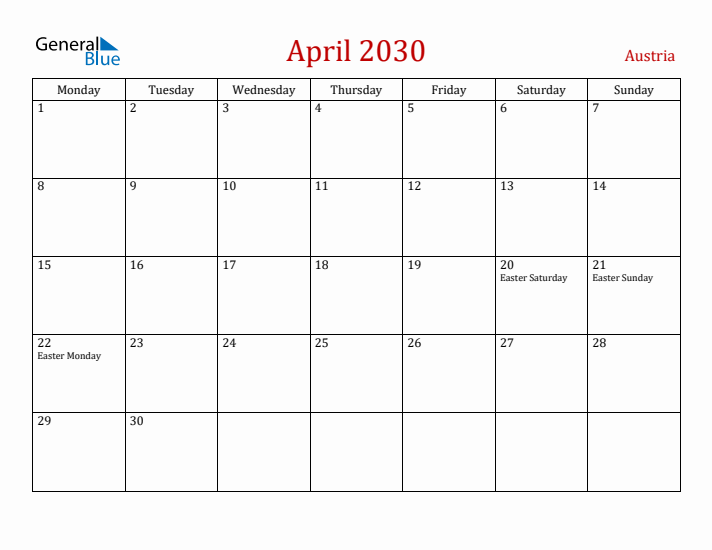 Austria April 2030 Calendar - Monday Start