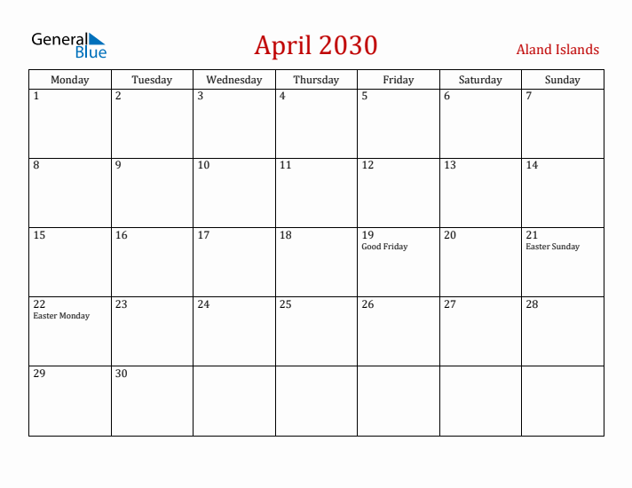 Aland Islands April 2030 Calendar - Monday Start