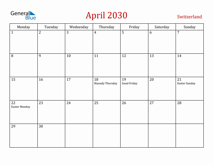 Switzerland April 2030 Calendar - Monday Start