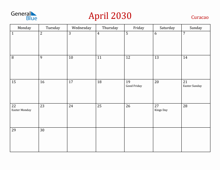 Curacao April 2030 Calendar - Monday Start