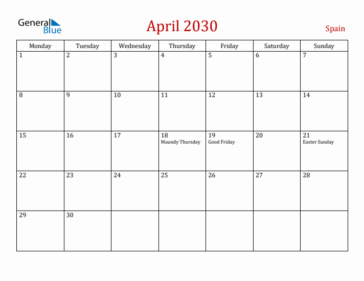 Spain April 2030 Calendar - Monday Start