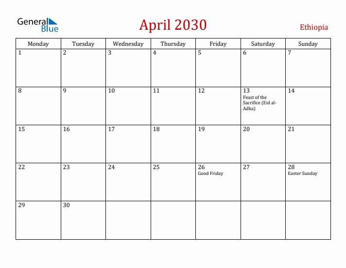 Ethiopia April 2030 Calendar - Monday Start