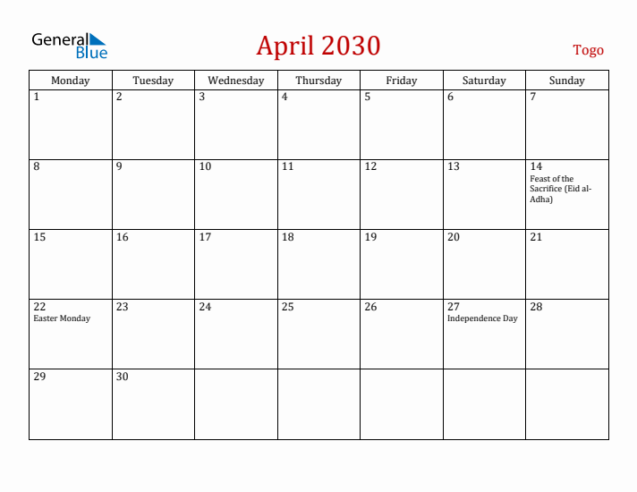 Togo April 2030 Calendar - Monday Start