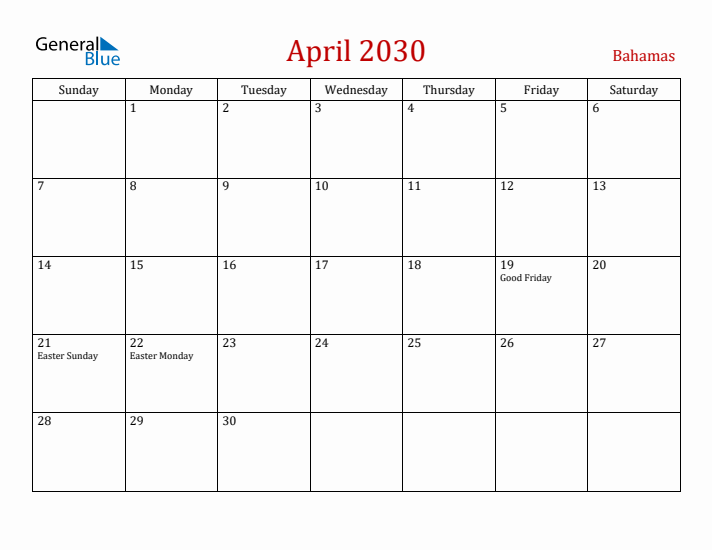 Bahamas April 2030 Calendar - Sunday Start