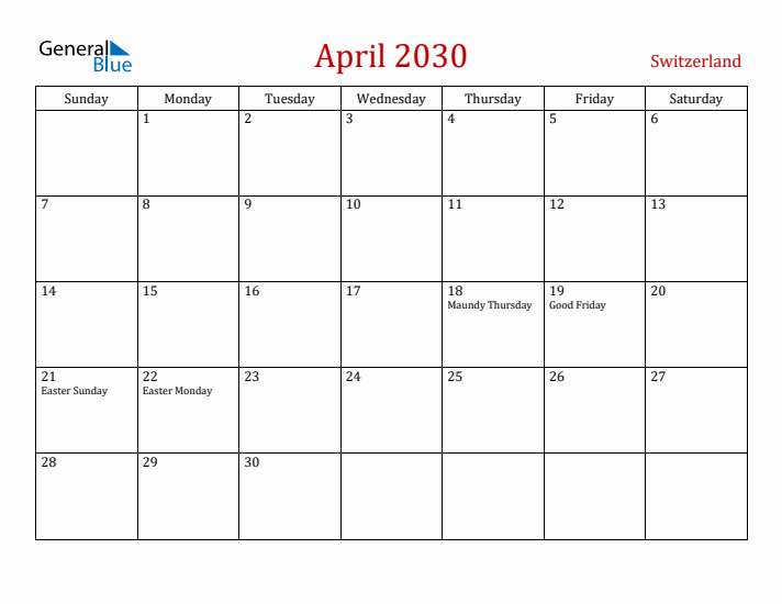 Switzerland April 2030 Calendar - Sunday Start