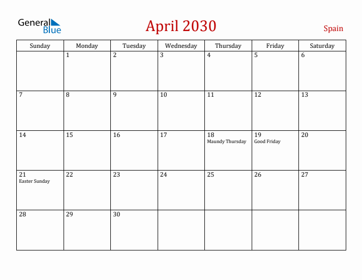 Spain April 2030 Calendar - Sunday Start