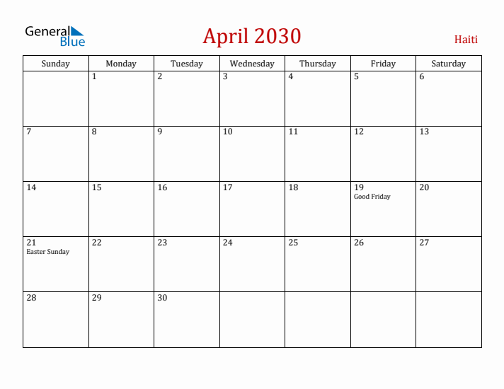 Haiti April 2030 Calendar - Sunday Start