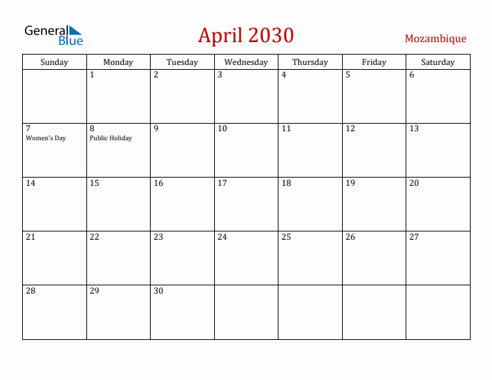 Mozambique April 2030 Calendar - Sunday Start