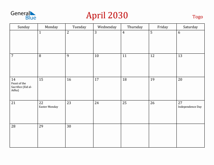 Togo April 2030 Calendar - Sunday Start