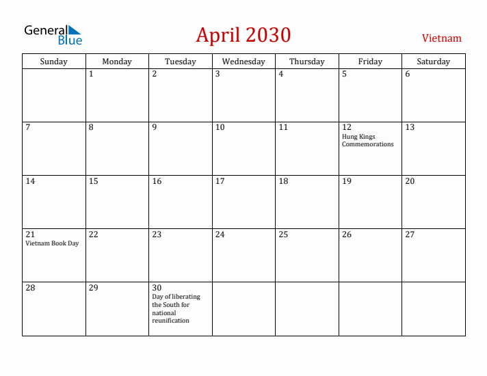 Vietnam April 2030 Calendar - Sunday Start