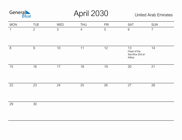 Printable April 2030 Calendar for United Arab Emirates