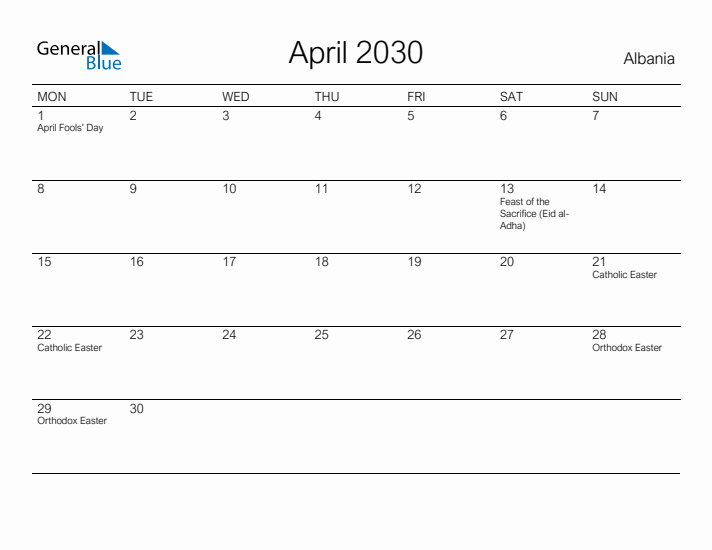 Printable April 2030 Calendar for Albania