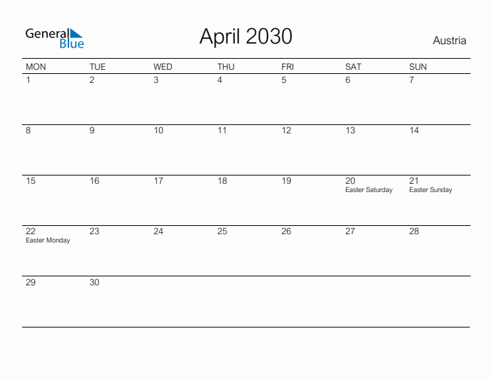 Printable April 2030 Calendar for Austria