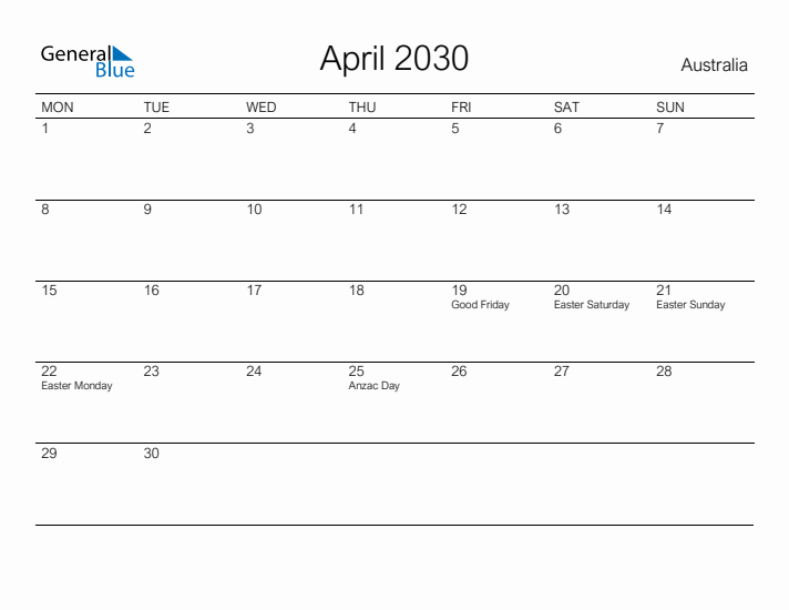 Printable April 2030 Calendar for Australia