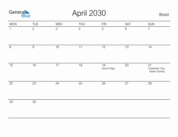 Printable April 2030 Calendar for Brazil