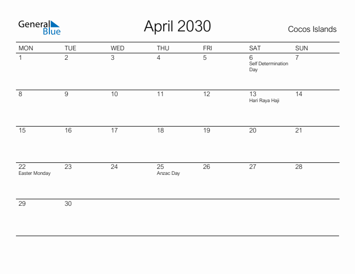 Printable April 2030 Calendar for Cocos Islands