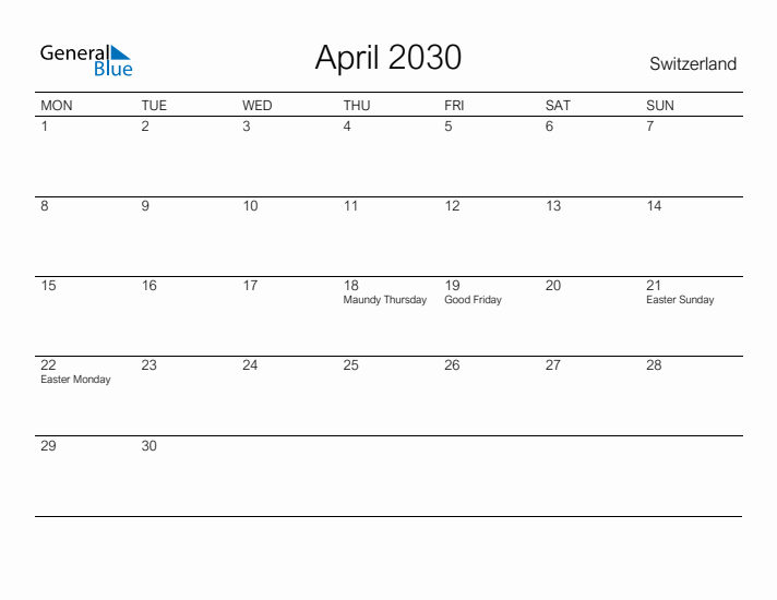 Printable April 2030 Calendar for Switzerland