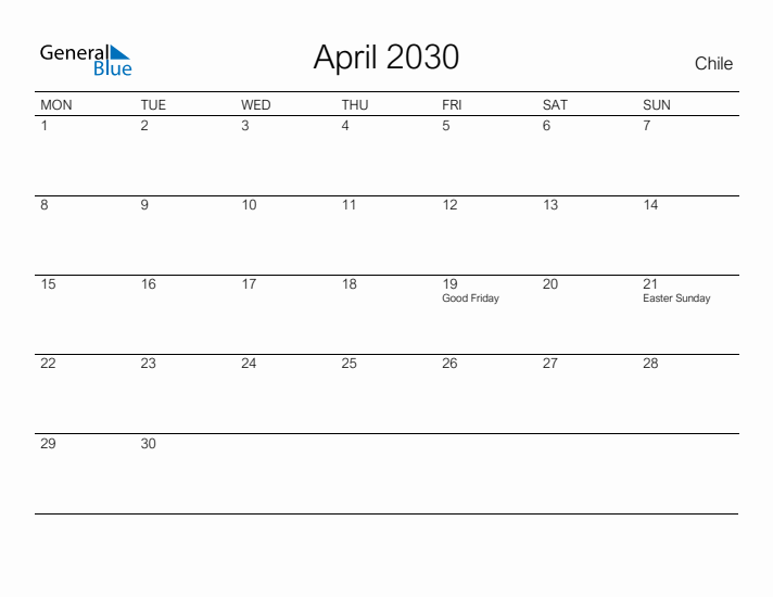 Printable April 2030 Calendar for Chile