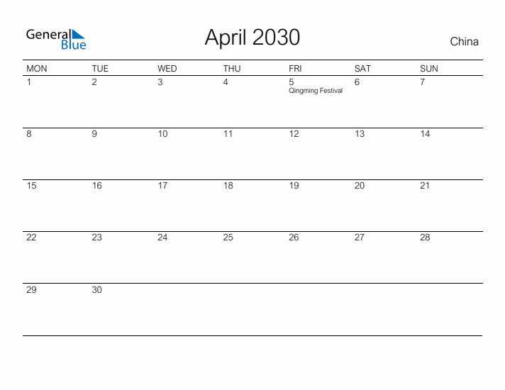 Printable April 2030 Calendar for China