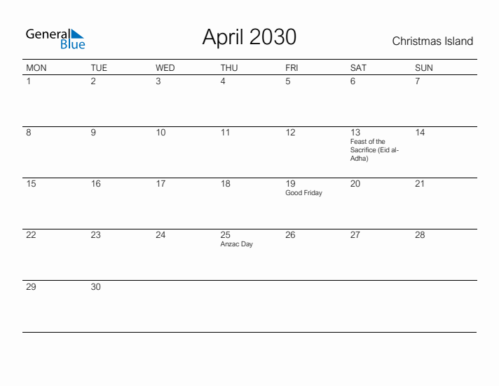 Printable April 2030 Calendar for Christmas Island