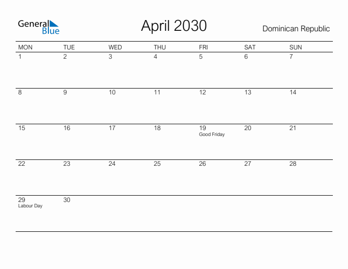 Printable April 2030 Calendar for Dominican Republic