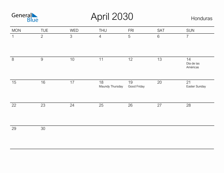 Printable April 2030 Calendar for Honduras