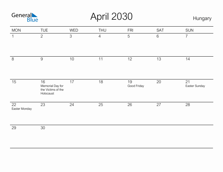 Printable April 2030 Calendar for Hungary