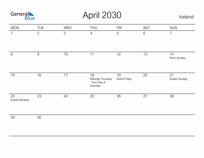 Printable April 2030 Calendar for Iceland