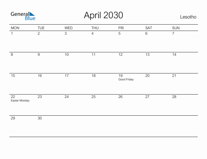 Printable April 2030 Calendar for Lesotho