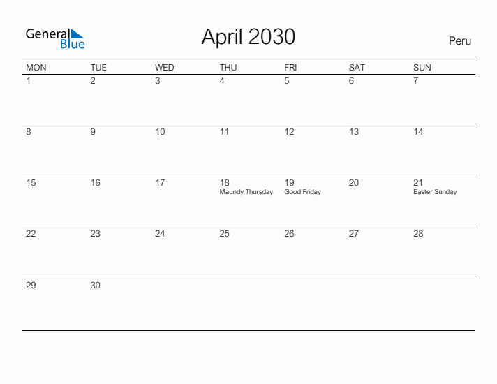 Printable April 2030 Calendar for Peru