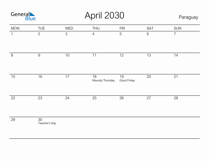 Printable April 2030 Calendar for Paraguay