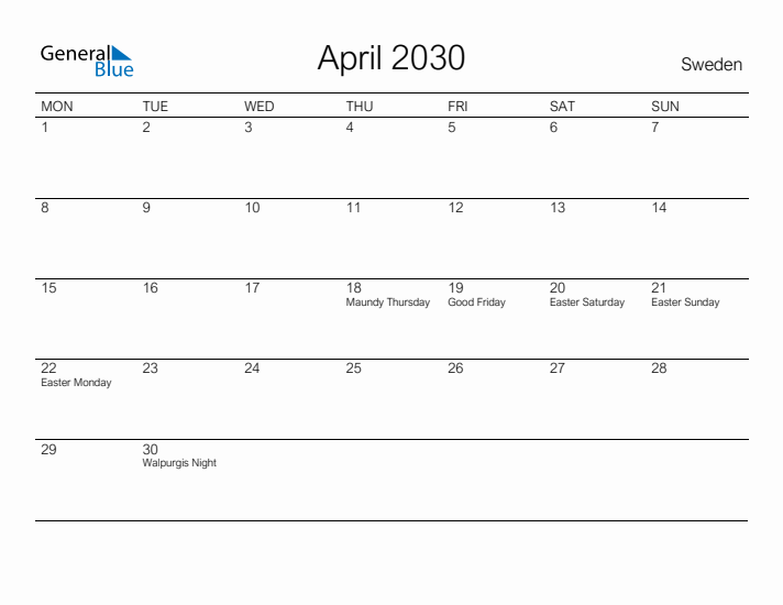 Printable April 2030 Calendar for Sweden