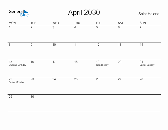 Printable April 2030 Calendar for Saint Helena