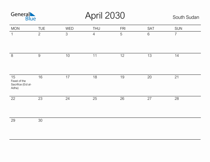 Printable April 2030 Calendar for South Sudan