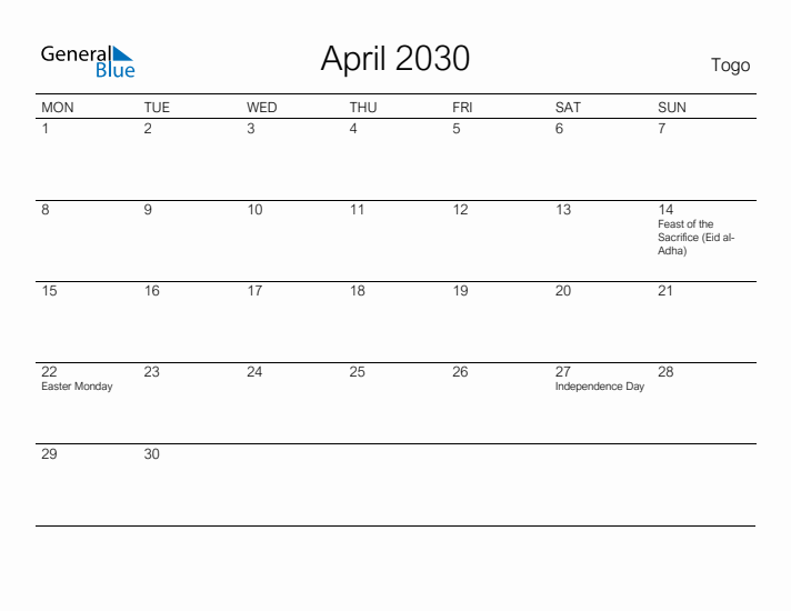 Printable April 2030 Calendar for Togo